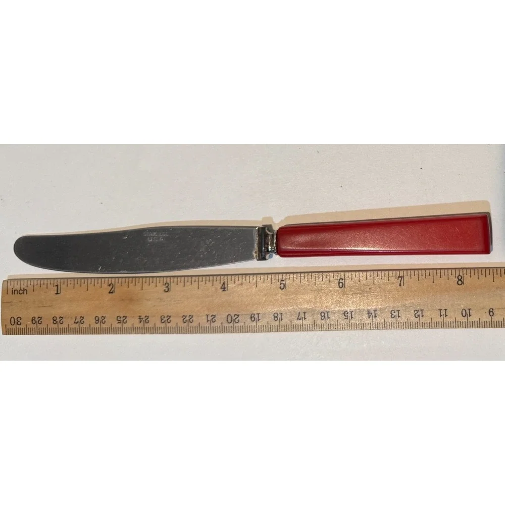 Vtg Bakelite Red Handle Stainless Steel Knives Set of 6 Mid Century Modern Knife